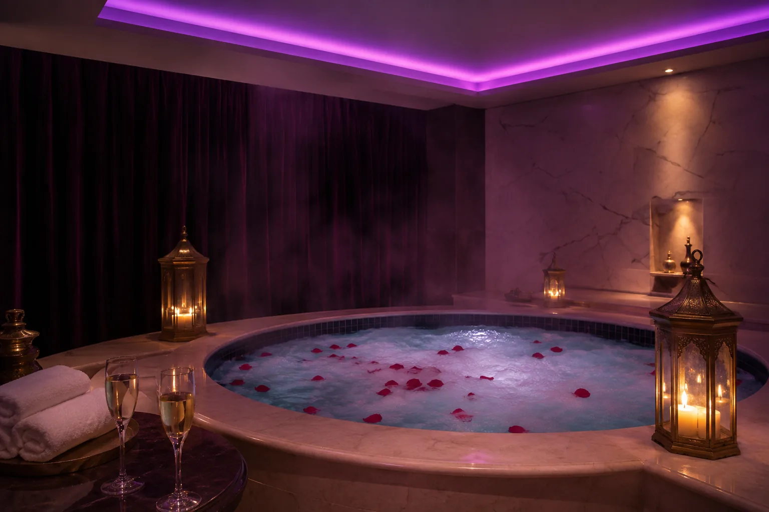 Jakuzili vip odanın mor ışıklı hâli — Lila Spa, Bayrampaşa misafirlerine hizmet veren salon